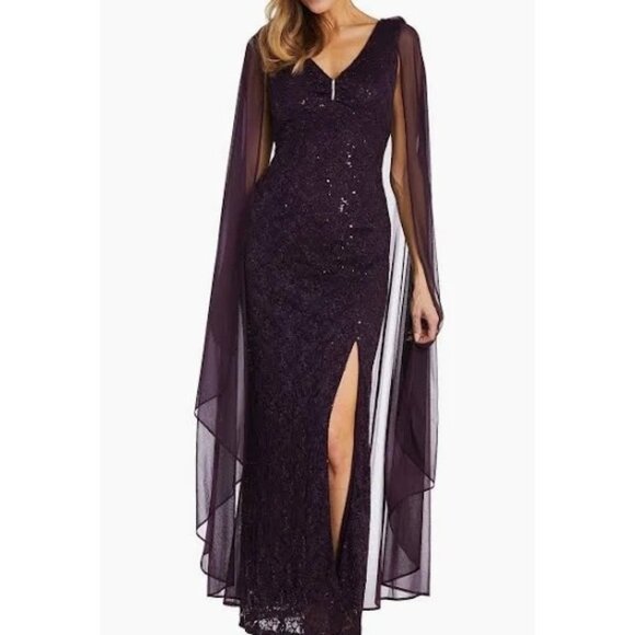 Purple Plum Lace & Sequin Long Dress Gown w/ Sheer Capelet R&M Richards Size 8 - Picture 1 of 12